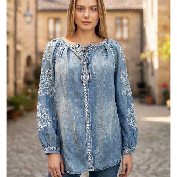 Vintage America Blues SZ SM Denim Embroidered Button Down Faded Crinkle Design - Picture 1 of 10